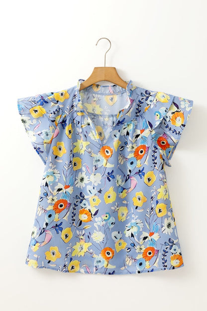 Sky Blue Flutter Sleeve V Neck Floral Top for Women - Love Salve 