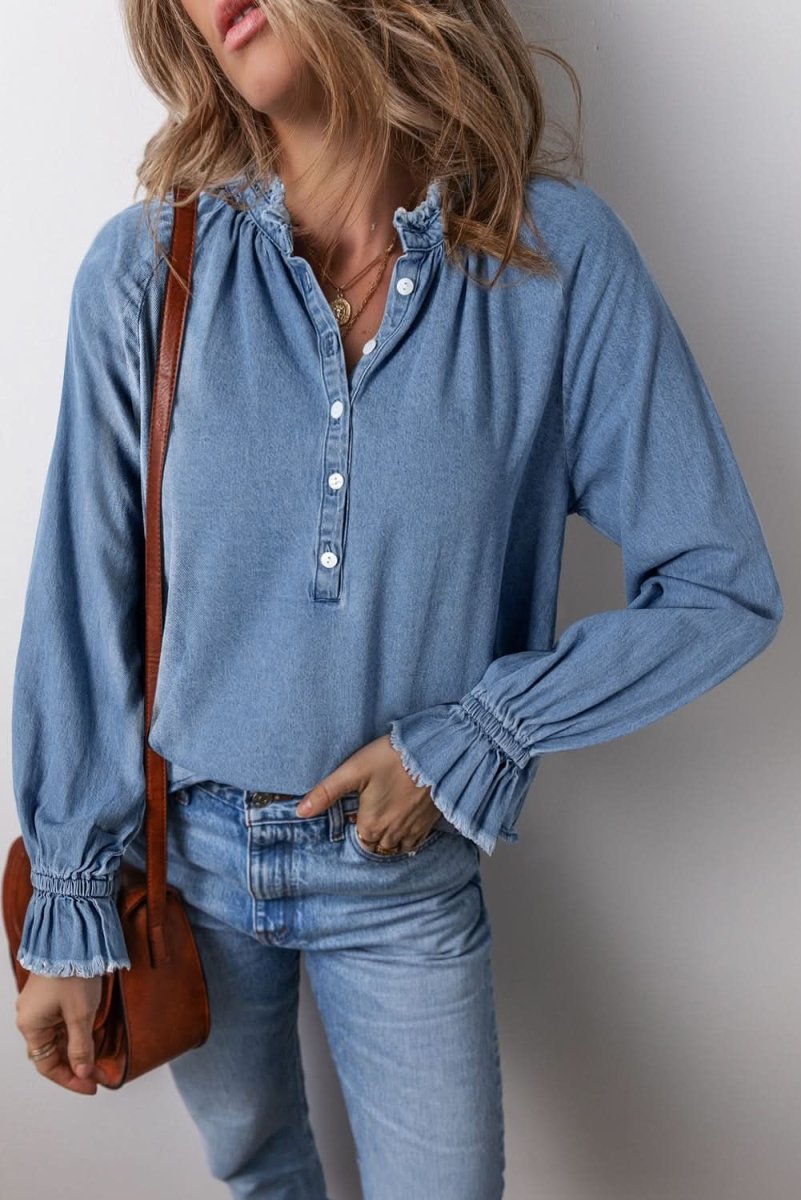 Sky Blue Frilled Raw Hem Half Buttoned Denim Top - Love Salve 