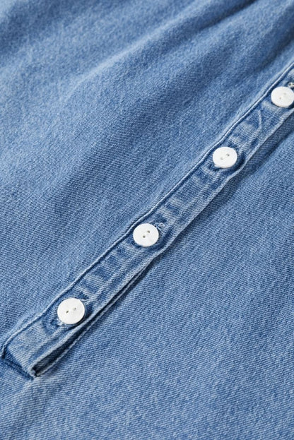 Sky Blue Frilled Raw Hem Half Buttoned Denim Top - Love Salve 