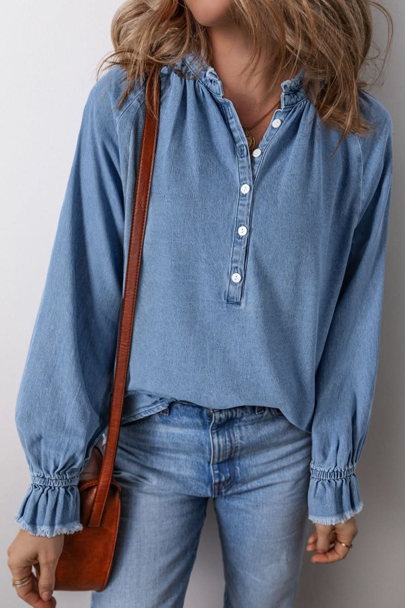 Sky Blue Frilled Raw Hem Half Buttoned Denim Top - Love Salve 