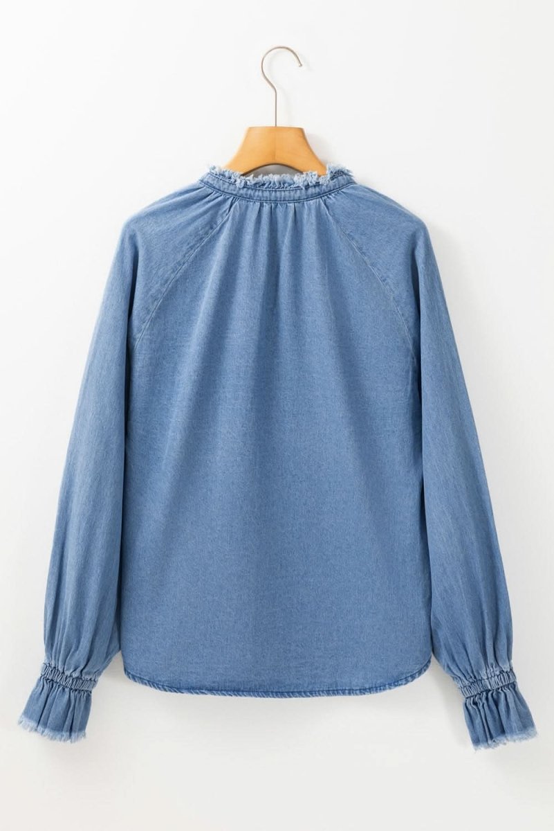 Sky Blue Frilled Raw Hem Half Buttoned Denim Top - Love Salve 