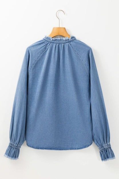 Sky Blue Frilled Raw Hem Half Buttoned Denim Top - Love Salve 
