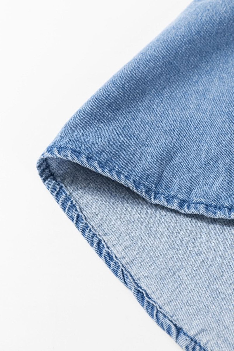 Sky Blue Frilled Raw Hem Half Buttoned Denim Top - Love Salve 