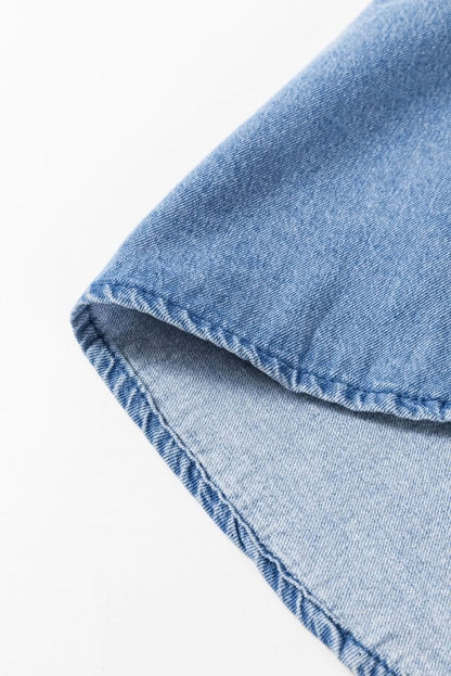 Sky Blue Frilled Raw Hem Half Buttoned Denim Top - Love Salve 