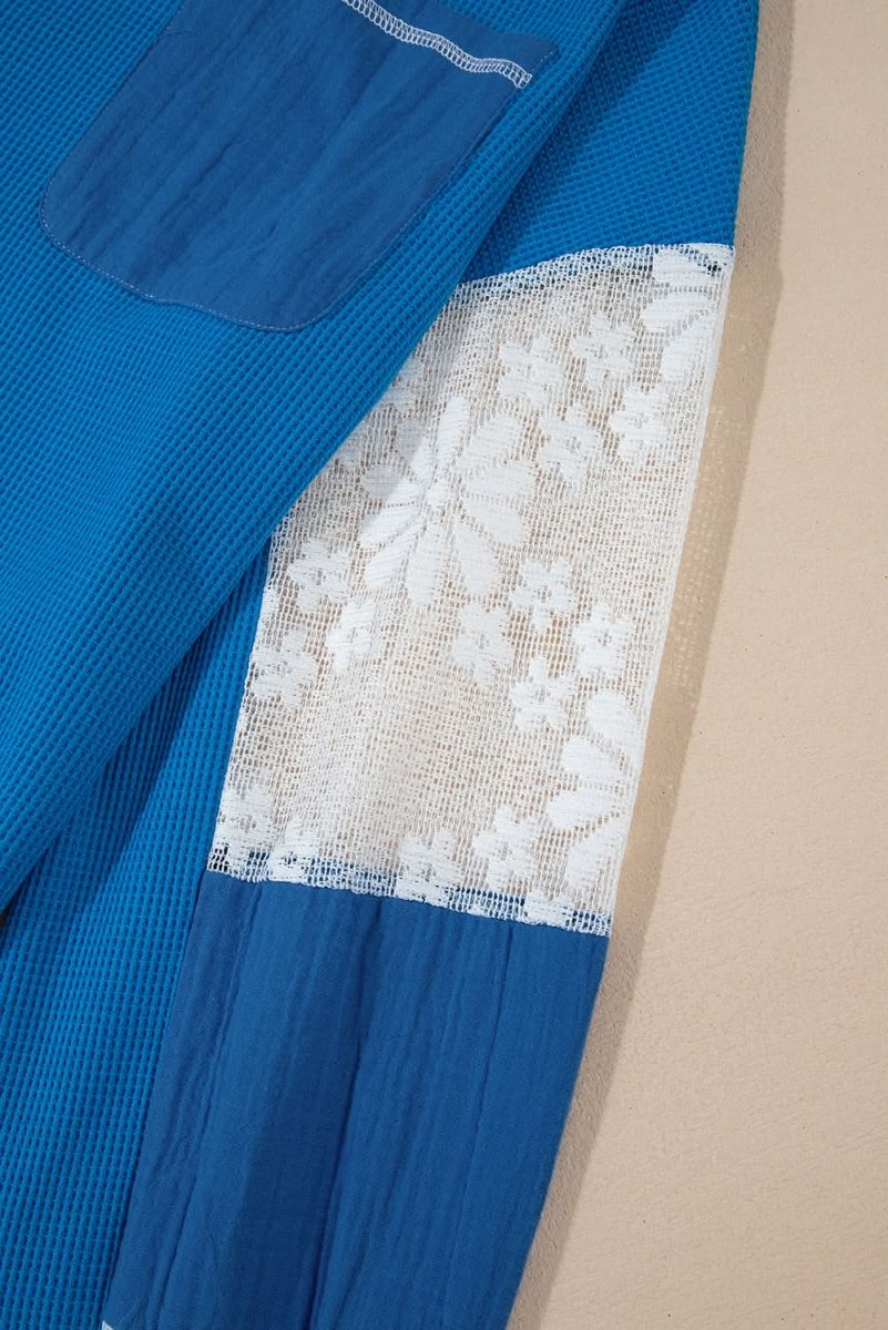 Sky Blue Lace Floral Patchwork Sleeve Stitching V Neck Rib Knit Blouse - Love Salve 