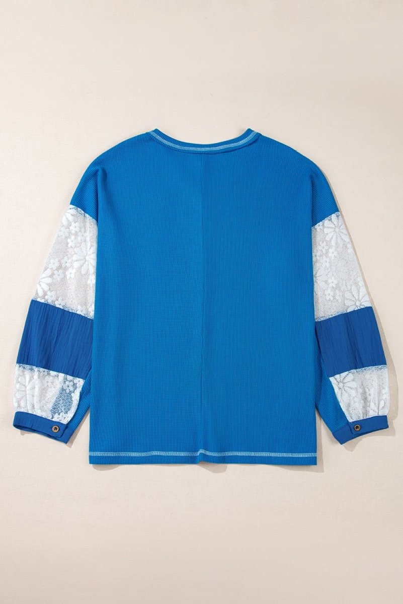 Sky Blue Lace Floral Patchwork Sleeve Stitching V Neck Rib Knit Blouse - Love Salve 