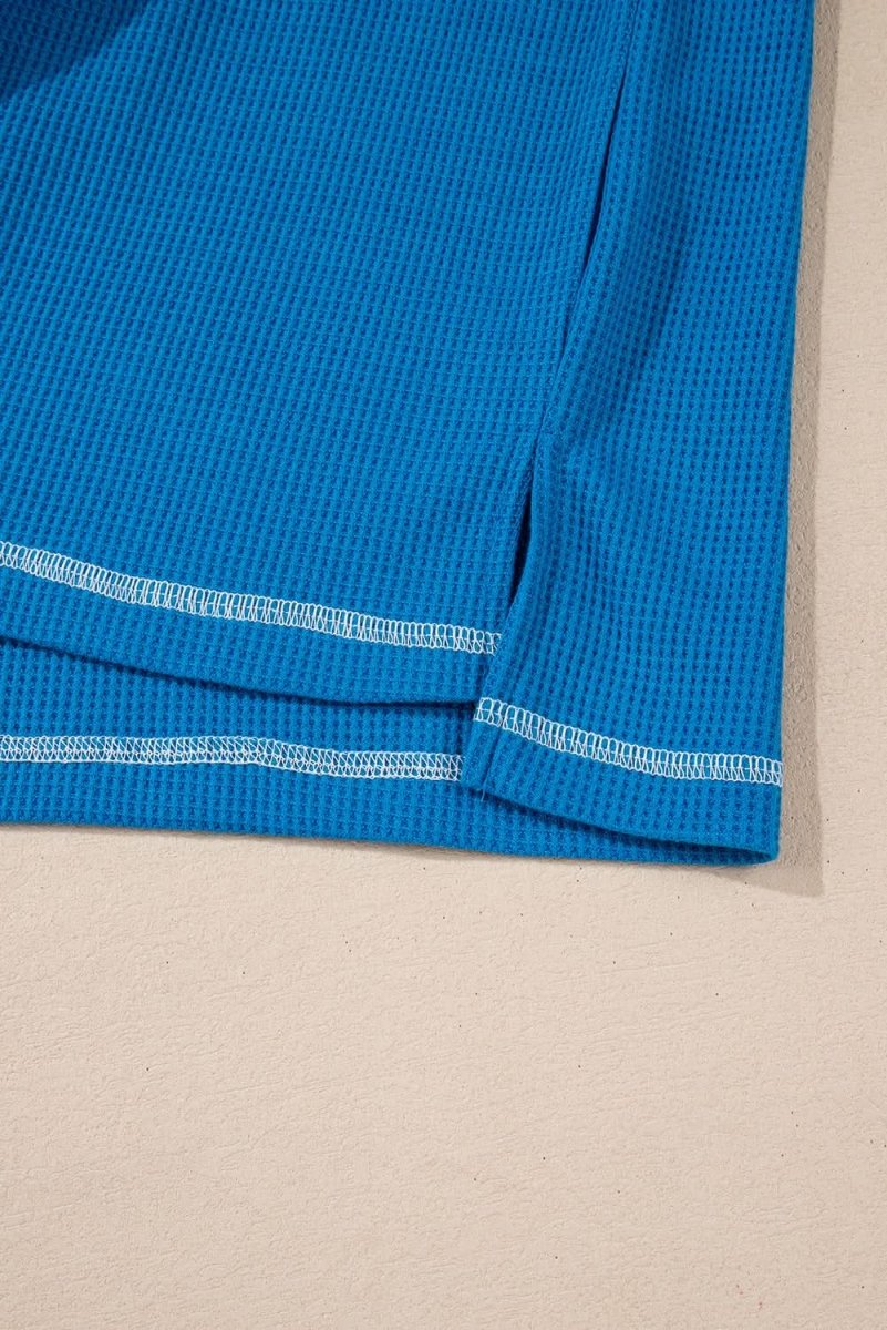 Sky Blue Lace Floral Patchwork Sleeve Stitching V Neck Rib Knit Blouse - Love Salve 