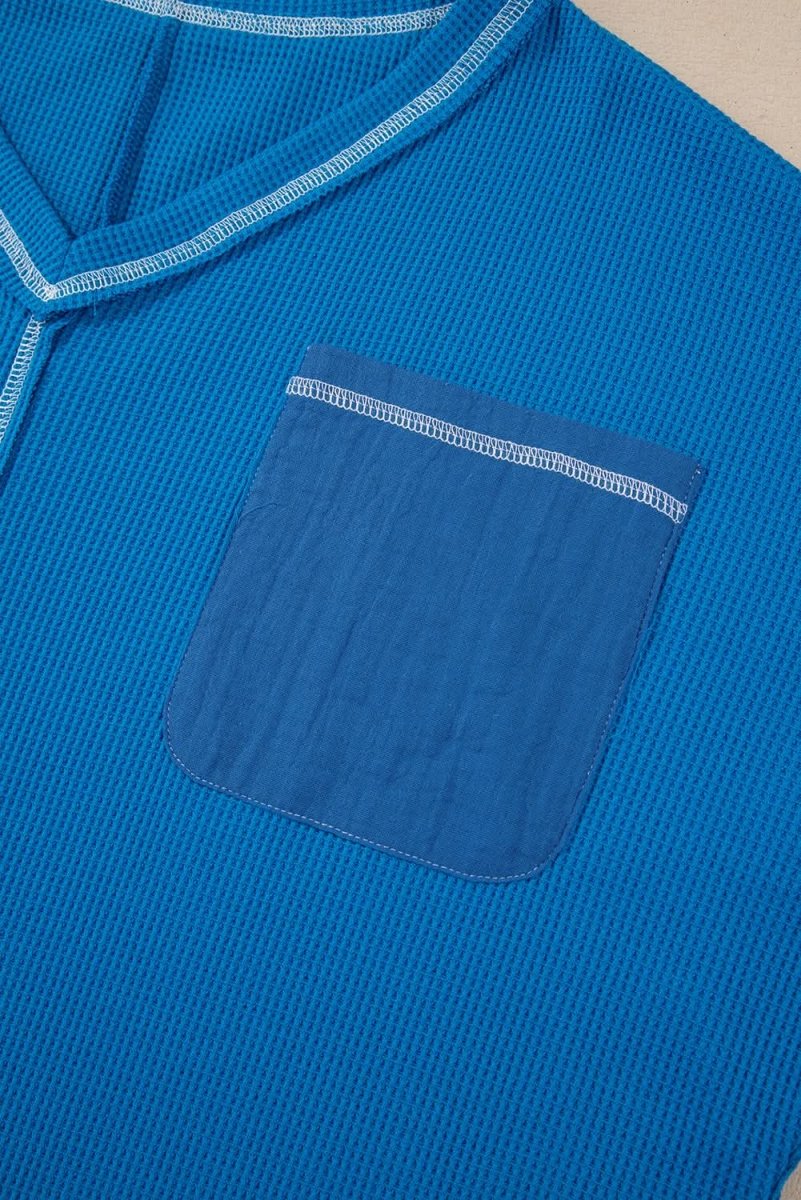 Sky Blue Lace Floral Patchwork Sleeve Stitching V Neck Rib Knit Blouse - Love Salve 