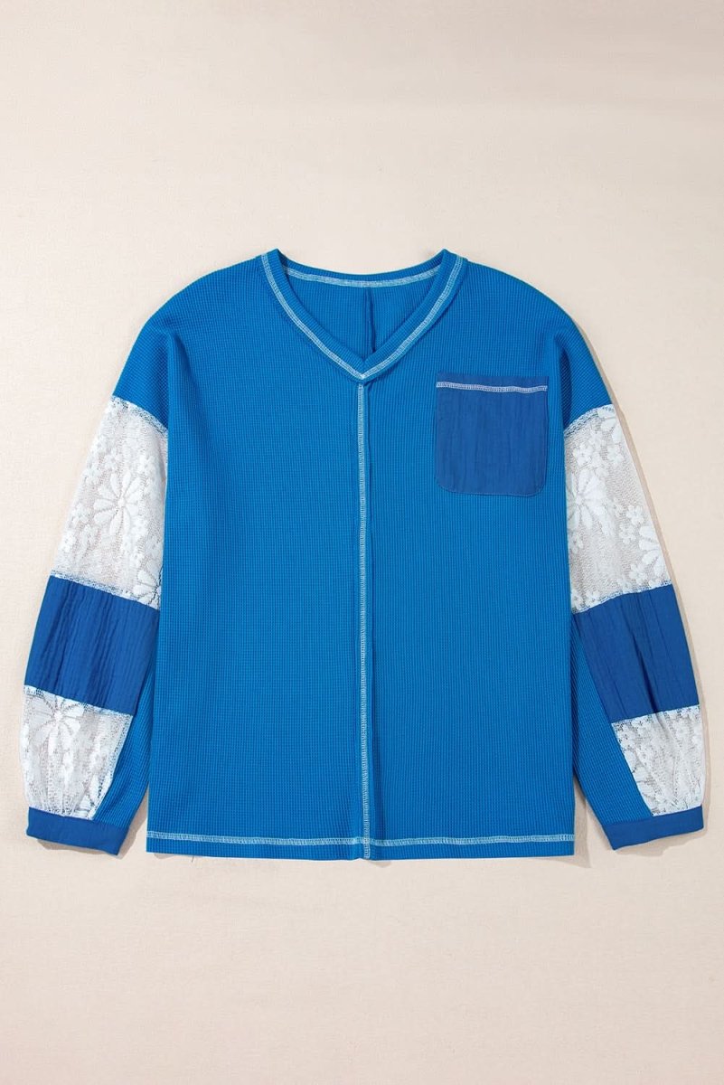 Sky Blue Lace Floral Patchwork Sleeve Stitching V Neck Rib Knit Blouse - Love Salve 