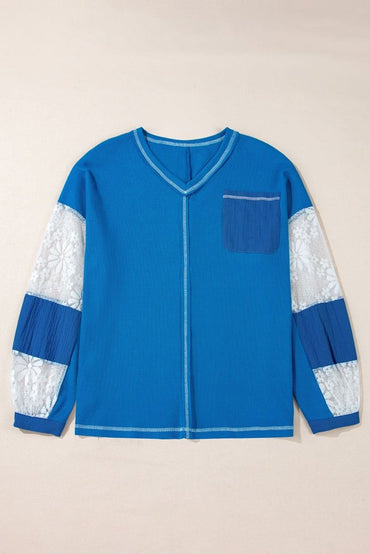 Sky Blue Lace Floral Patchwork Sleeve Stitching V Neck Rib Knit Blouse - Love Salve 