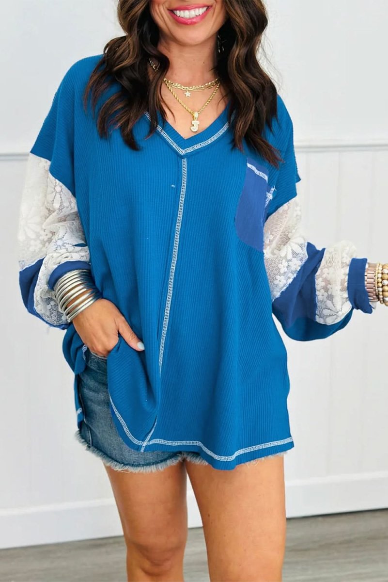 Sky Blue Lace Floral Patchwork Sleeve Stitching V Neck Rib Knit Blouse - Love Salve 