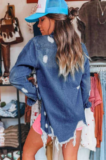 Sky Blue Light Wash Distressed Frayed Long Denim Jacket - Love Salve