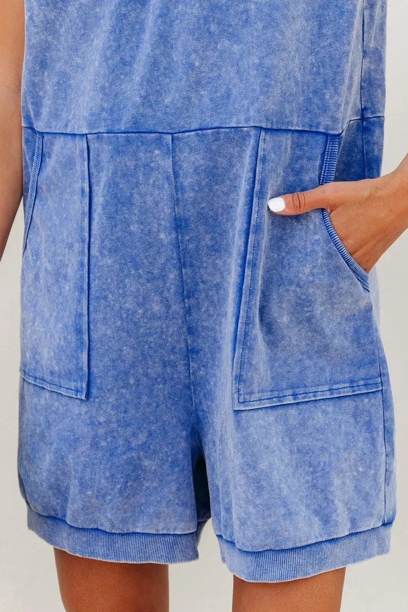 Sky Blue Mineral Wash Pocketed Sleeveless V Neck Loose Romper - Love Salve 