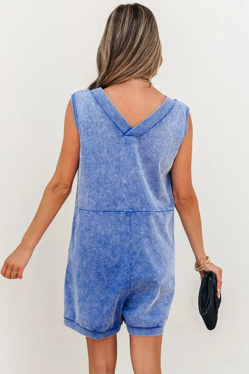 Sky Blue Mineral Wash Pocketed Sleeveless V Neck Loose Romper - Love Salve 