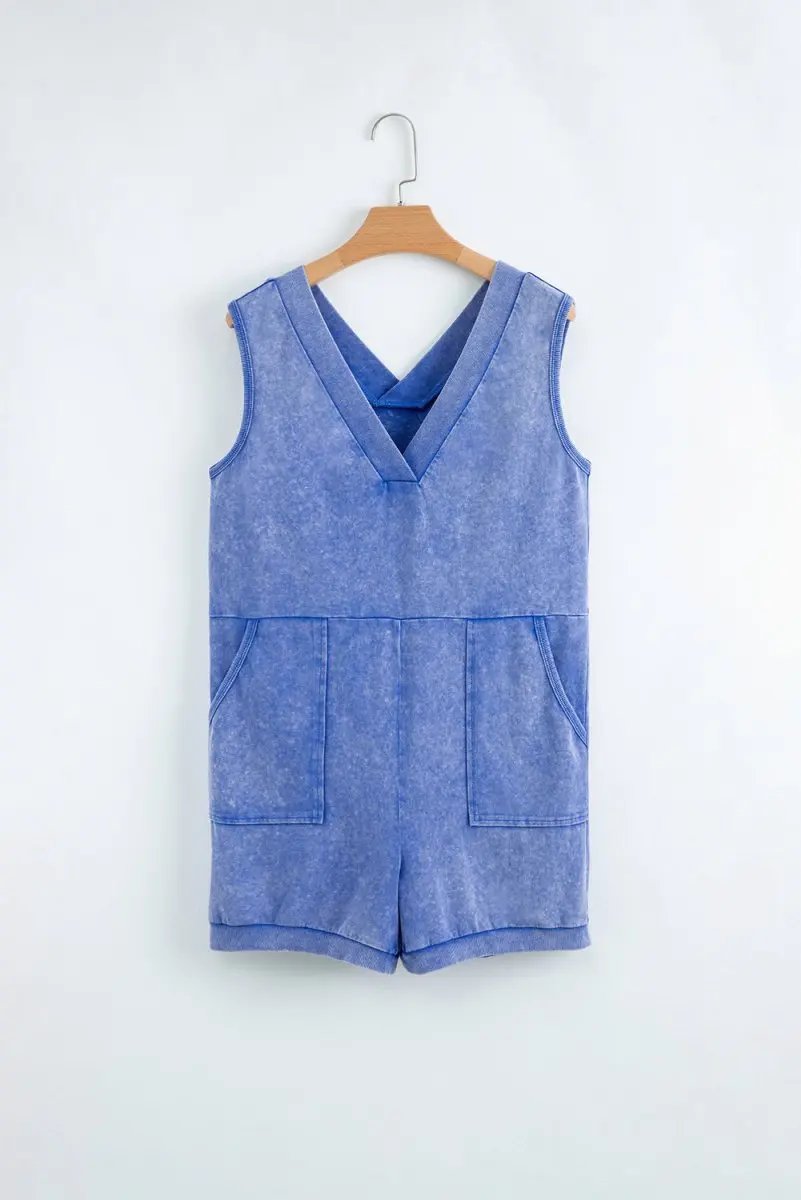 Sky Blue Mineral Wash Pocketed Sleeveless V Neck Loose Romper - Love Salve 