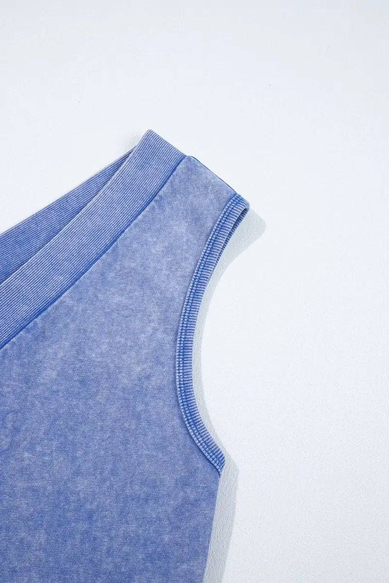 Sky Blue Mineral Wash Pocketed Sleeveless V Neck Loose Romper - Love Salve 