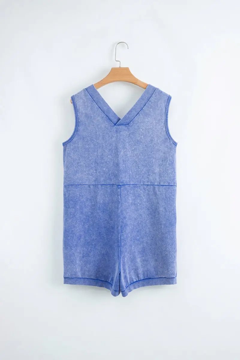 Sky Blue Mineral Wash Pocketed Sleeveless V Neck Loose Romper - Love Salve 
