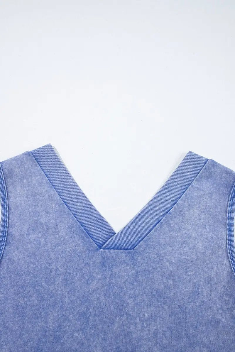 Sky Blue Mineral Wash Pocketed Sleeveless V Neck Loose Romper - Love Salve 