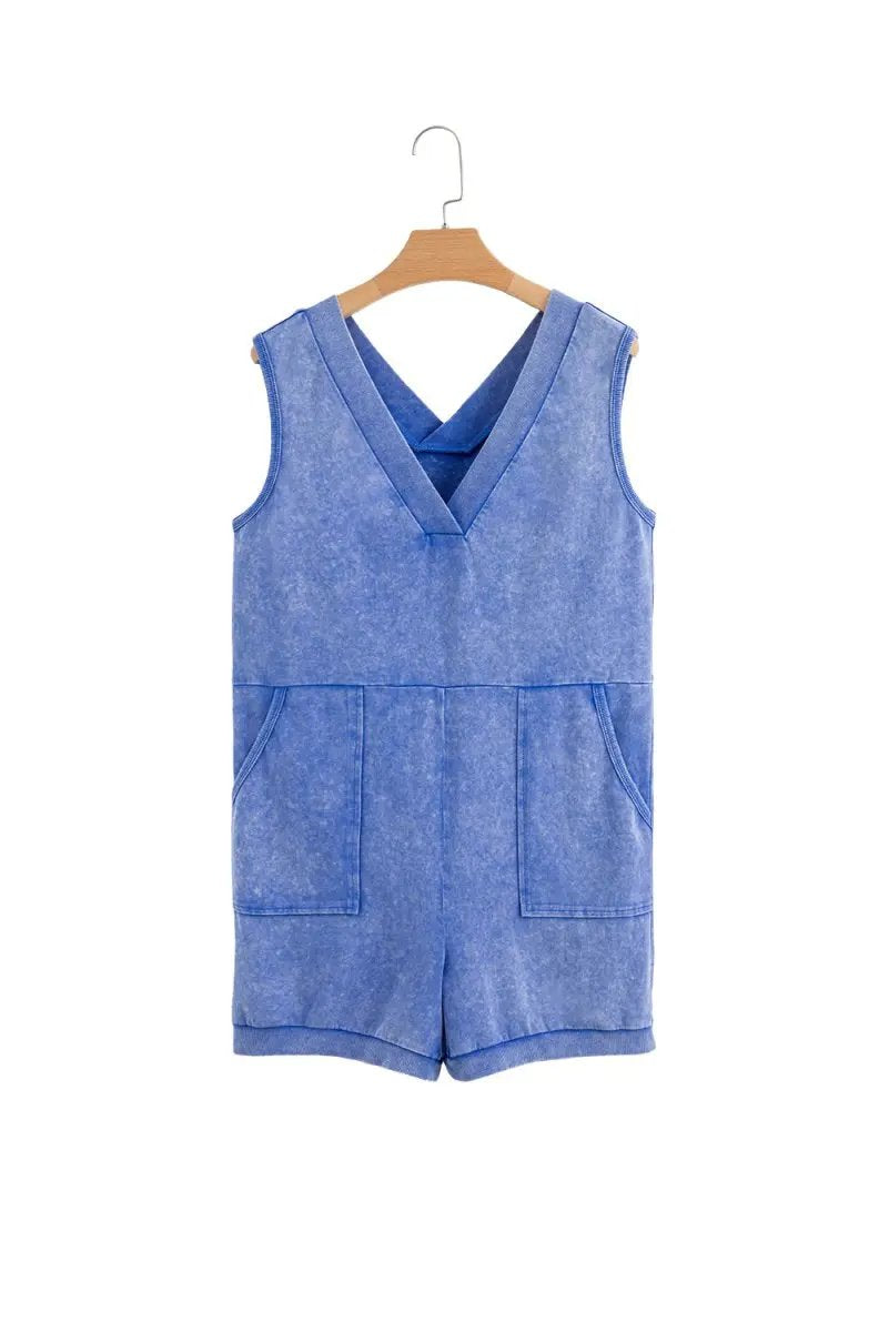 Sky Blue Mineral Wash Pocketed Sleeveless V Neck Loose Romper - Love Salve 