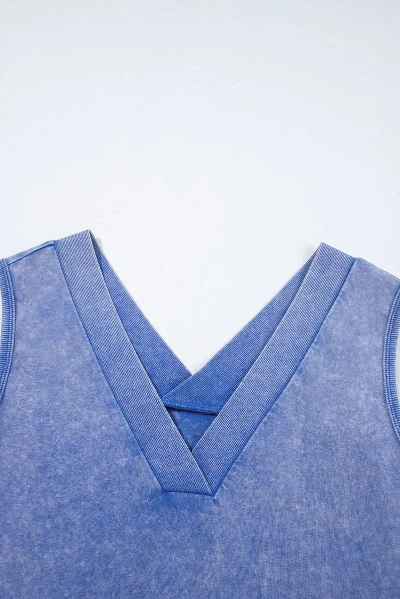 Sky Blue Mineral Wash Pocketed Sleeveless V Neck Loose Romper - Love Salve 