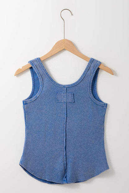 Sky Blue Mineral Wash Ribbed Notch Neck Tank Top for Women - Love Salve 