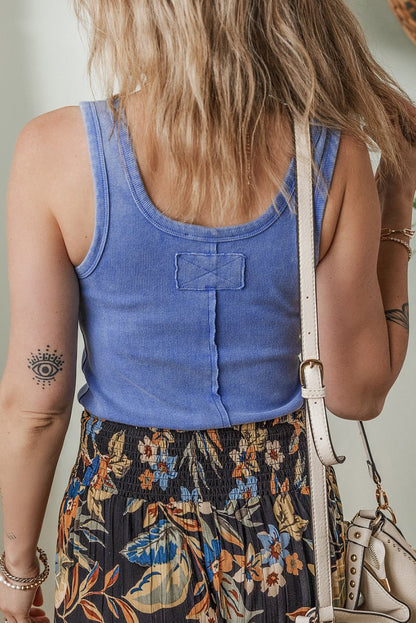 Sky Blue Mineral Wash Ribbed Notch Neck Tank Top for Women - Love Salve 
