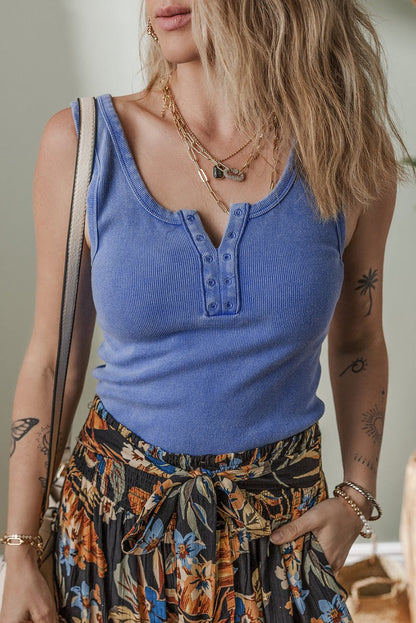 Sky Blue Mineral Wash Ribbed Notch Neck Tank Top for Women - Love Salve 