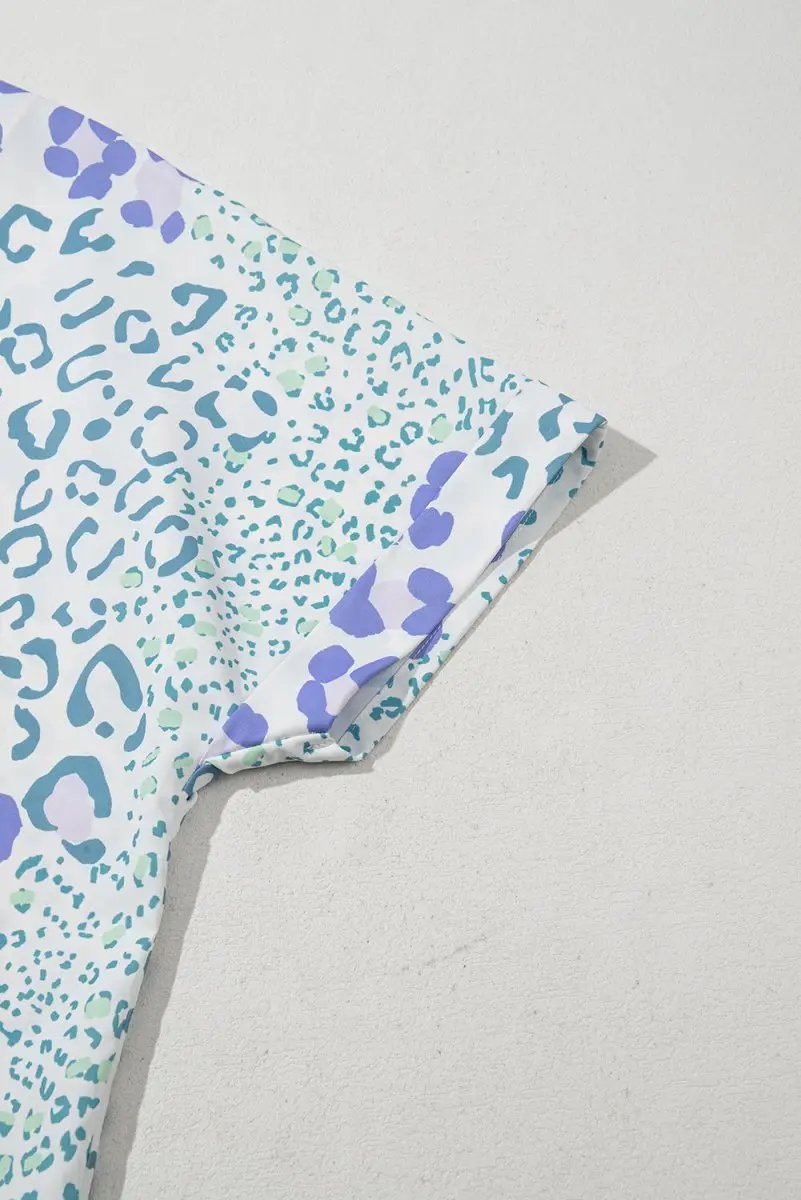 Sky Blue Mixed Leopard Print V Neck Short Sleeve Blouse - Love Salve 