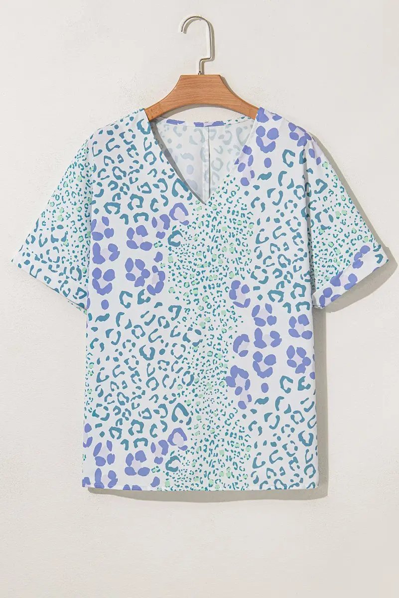 Sky Blue Mixed Leopard Print V Neck Short Sleeve Blouse - Love Salve 