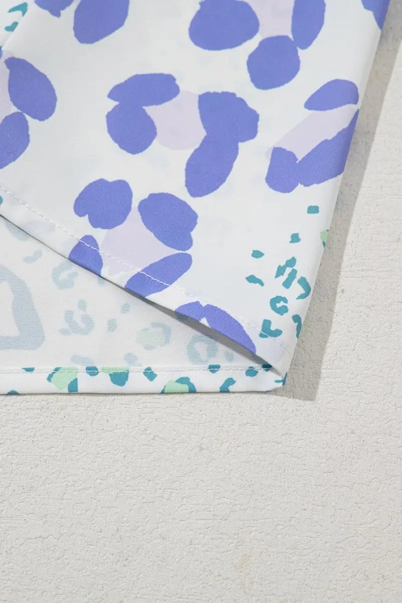 Sky Blue Mixed Leopard Print V Neck Short Sleeve Blouse - Love Salve 