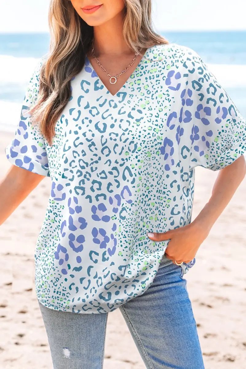 Sky Blue Mixed Leopard Print V Neck Short Sleeve Blouse - Love Salve 