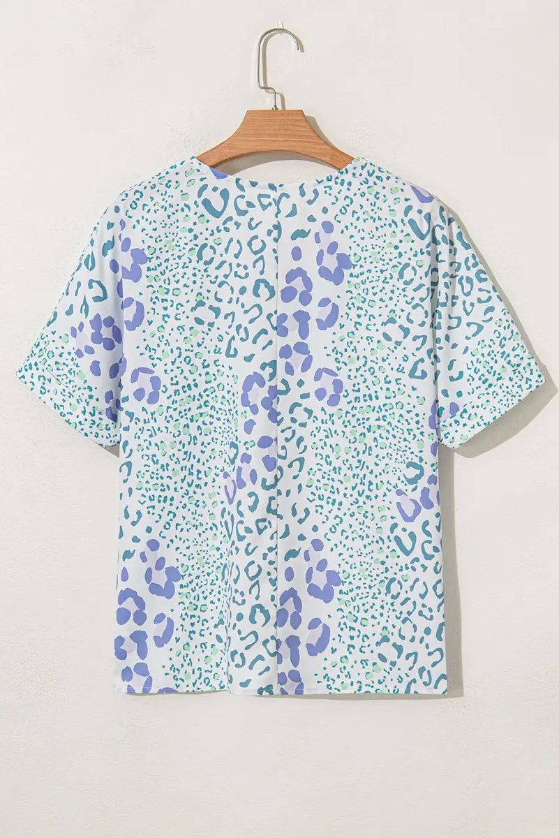 Sky Blue Mixed Leopard Print V Neck Short Sleeve Blouse - Love Salve 