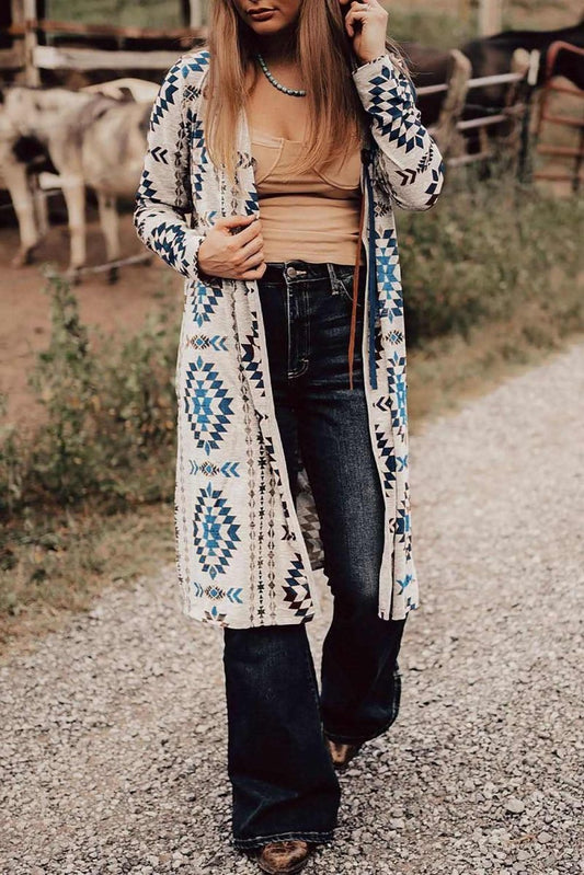 Sky Blue Open Front Long Cardigan with Western Aztec Design - Love Salve