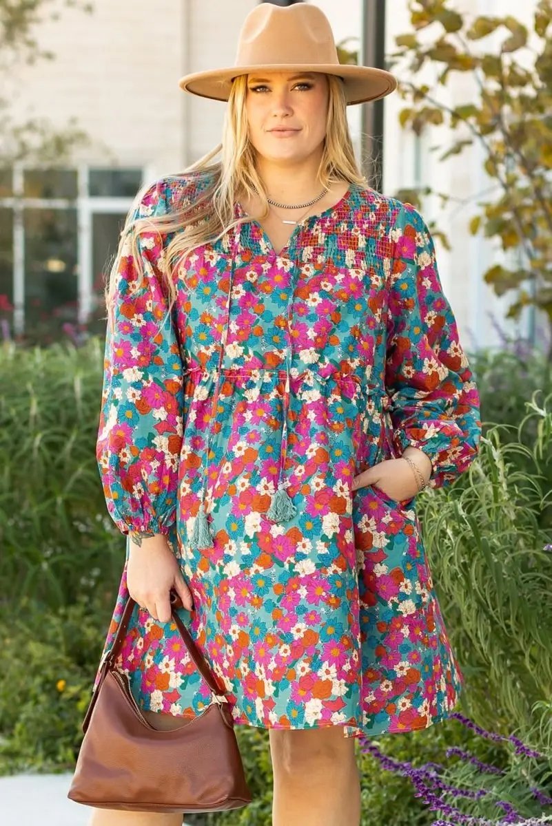 Sky Blue Plus Size Floral Print Shirred Ruffle Tiered Mini Dress - Love Salve 