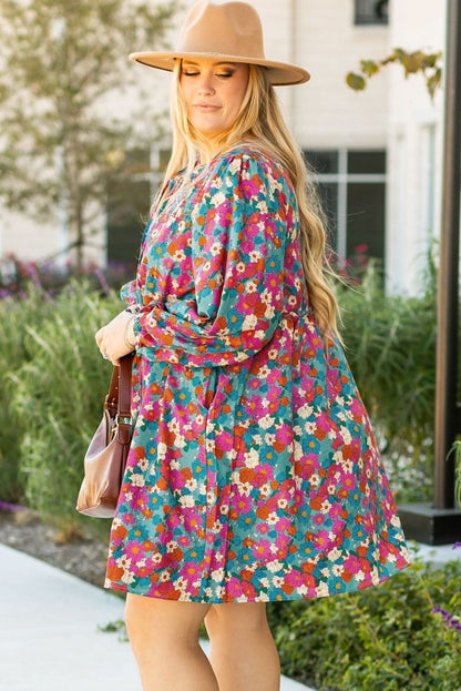 Sky Blue Plus Size Floral Print Shirred Ruffle Tiered Mini Dress - Love Salve