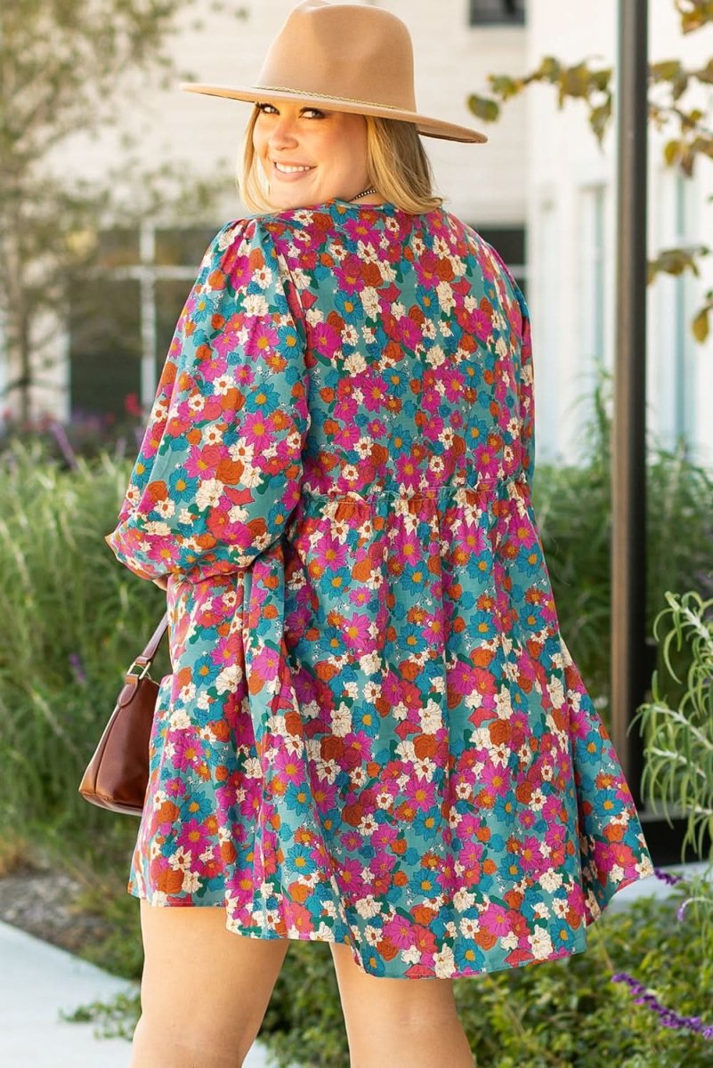 Sky Blue Plus Size Floral Print Shirred Ruffle Tiered Mini Dress - Love Salve