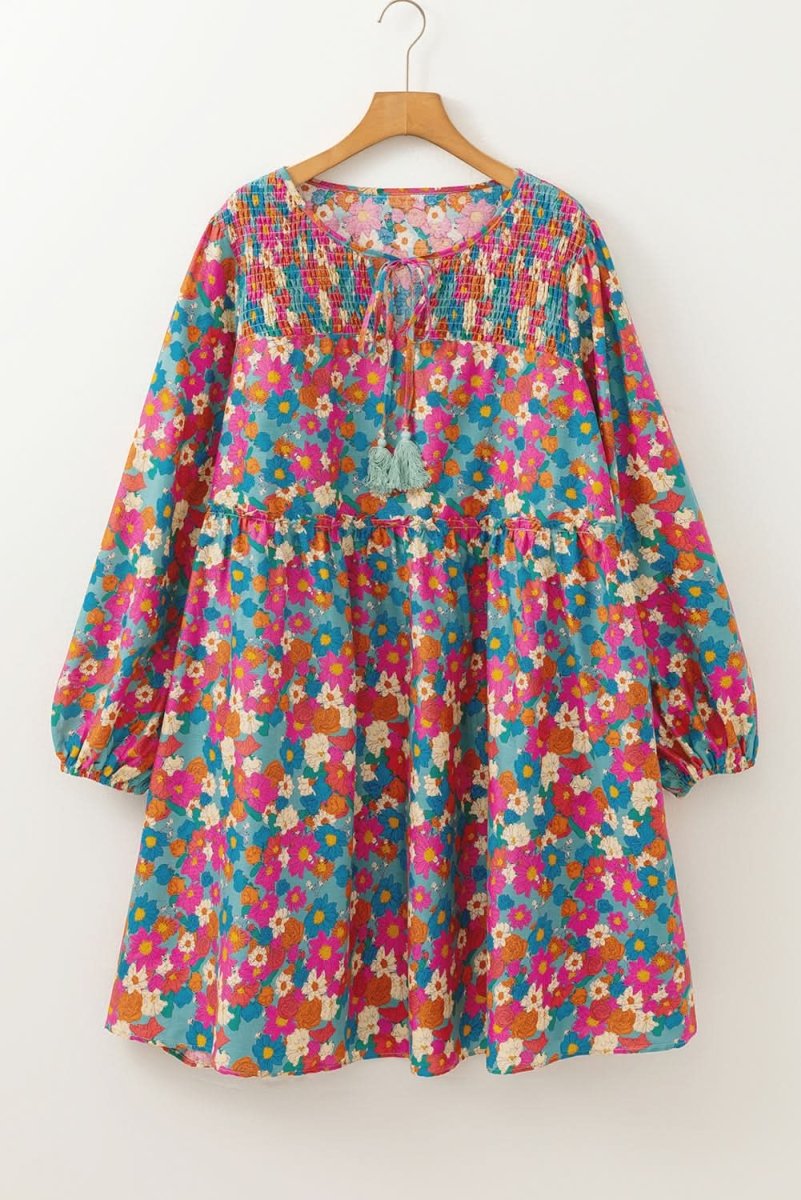 Sky Blue Plus Size Floral Print Shirred Ruffle Tiered Mini Dress - Love Salve