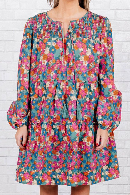 Sky Blue Plus Size Floral Print Shirred Ruffle Tiered Mini Dress - Love Salve