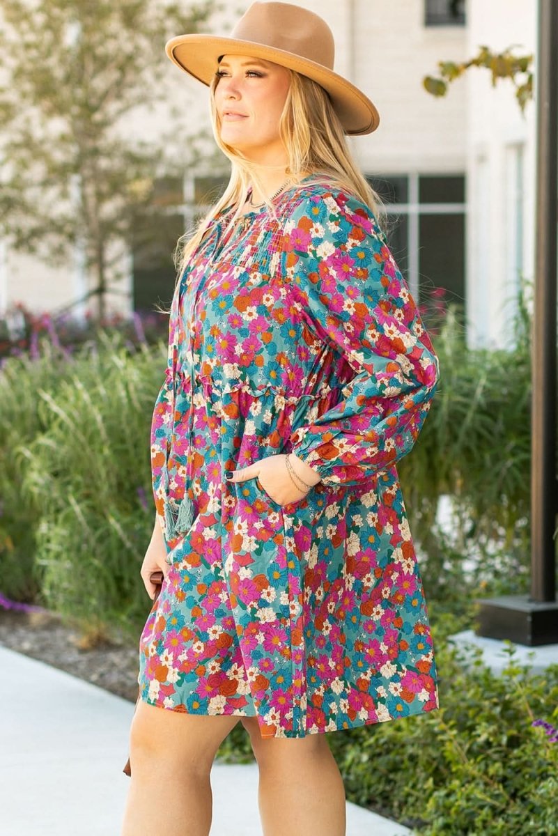 Sky Blue Plus Size Floral Print Shirred Ruffle Tiered Mini Dress - Love Salve