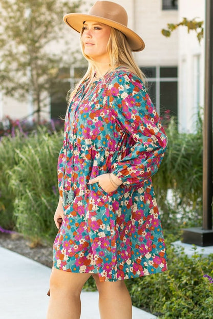 Sky Blue Plus Size Floral Print Shirred Ruffle Tiered Mini Dress - Love Salve