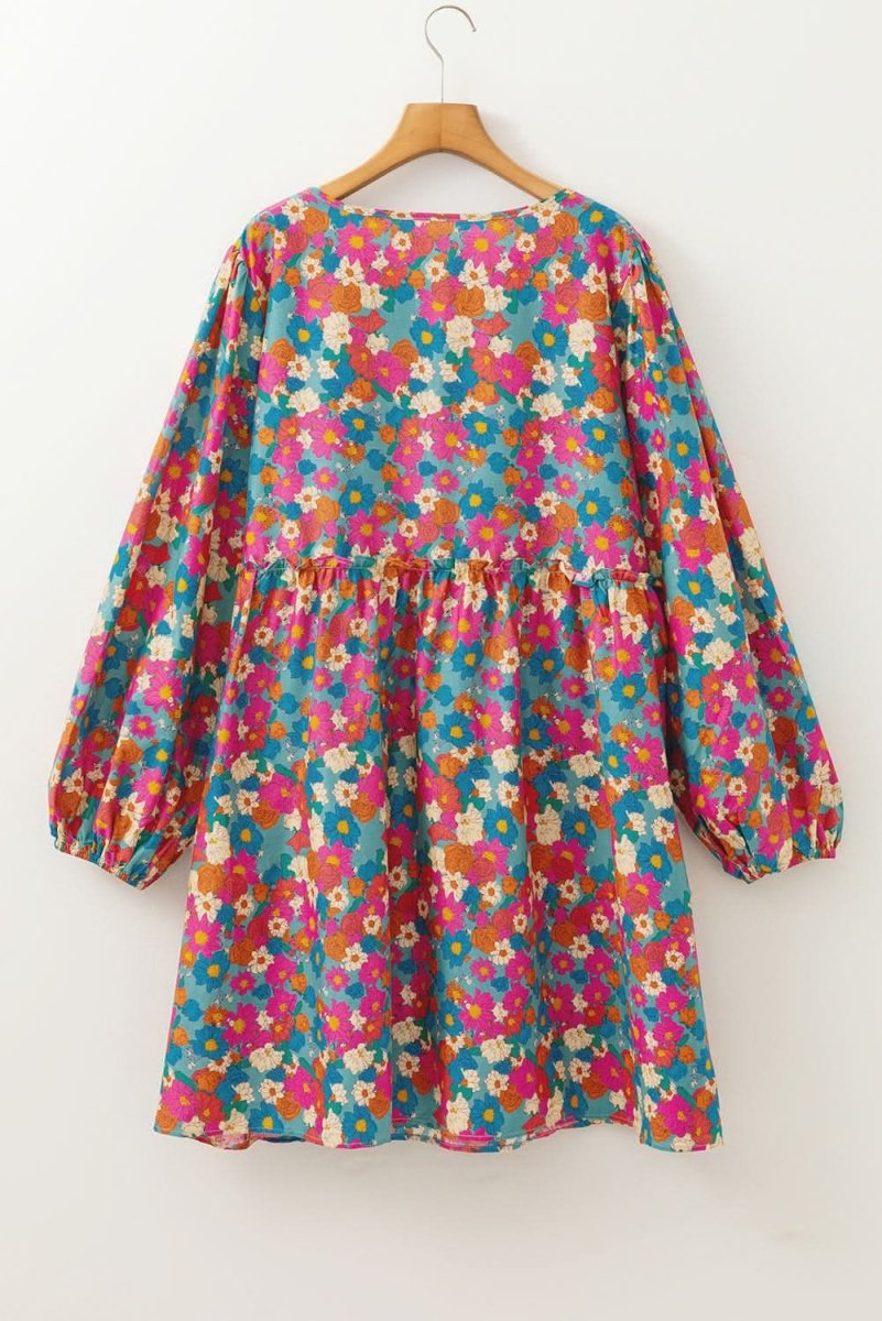 Sky Blue Plus Size Floral Print Shirred Ruffle Tiered Mini Dress - Love Salve