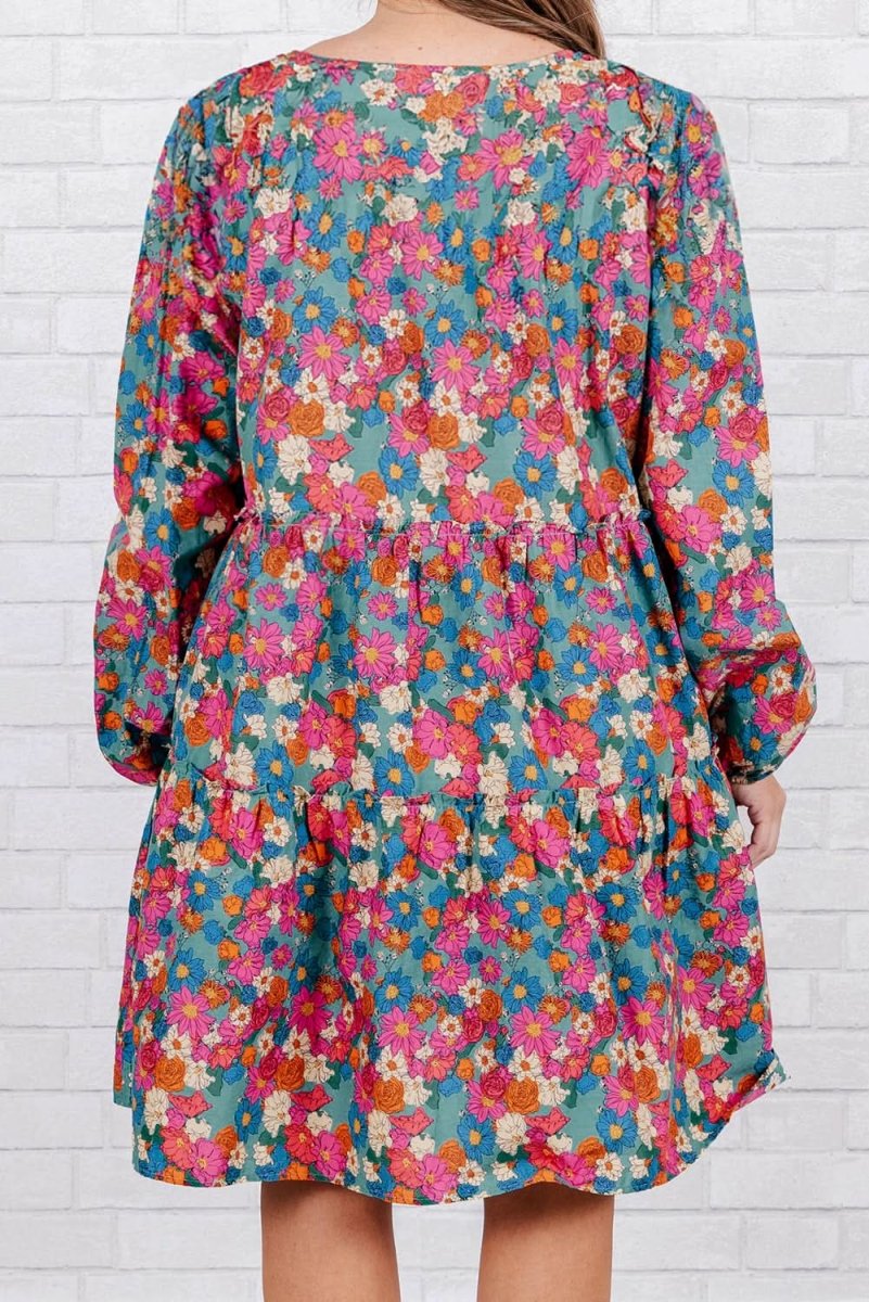 Sky Blue Plus Size Floral Print Shirred Ruffle Tiered Mini Dress - Love Salve