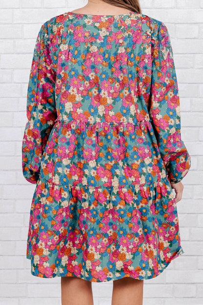 Sky Blue Plus Size Floral Print Shirred Ruffle Tiered Mini Dress - Love Salve