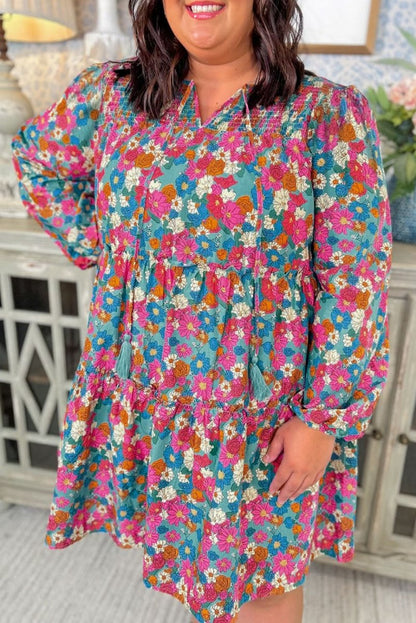 Sky Blue Plus Size Floral Print Shirred Ruffle Tiered Mini Dress - Love Salve