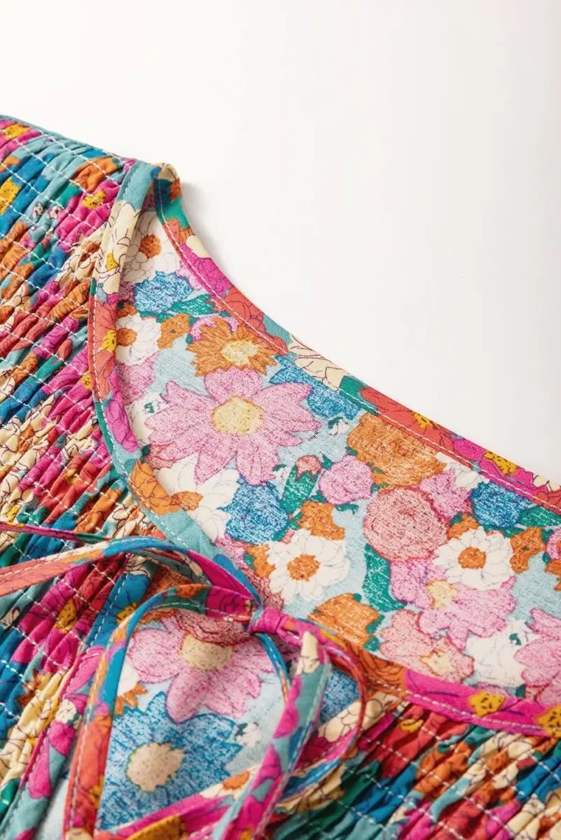 Sky Blue Plus Size Floral Print Shirred Ruffle Tiered Mini Dress - Love Salve 