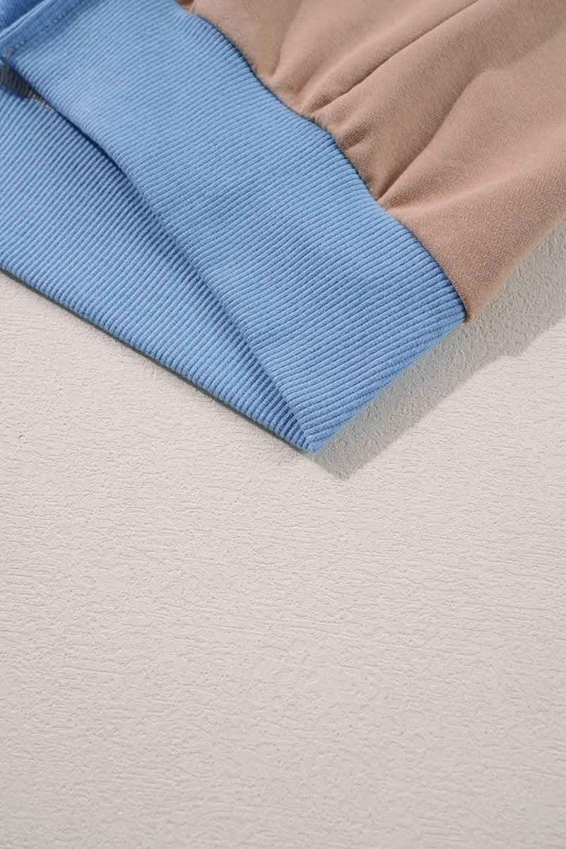 Sky Blue Ribbed Detail Color Block Sleeve Baggy Sweatshirt - Love Salve