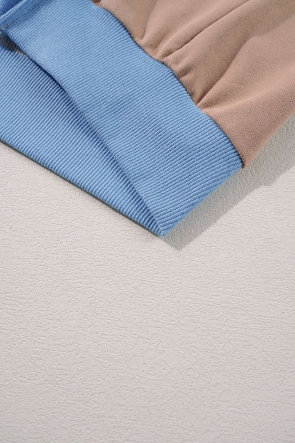 Sky Blue Ribbed Detail Color Block Sleeve Baggy Sweatshirt - Love Salve