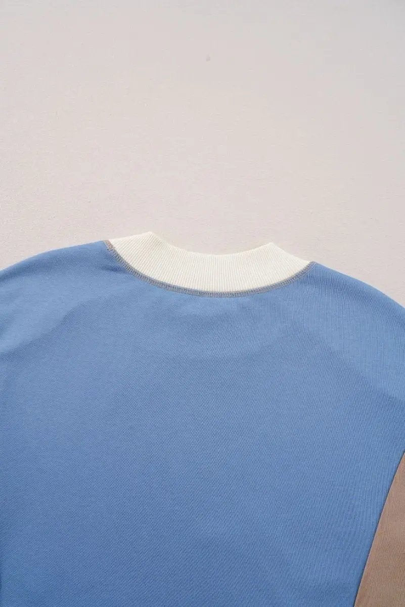 Sky Blue Ribbed Detail Color Block Sleeve Baggy Sweatshirt - Love Salve 
