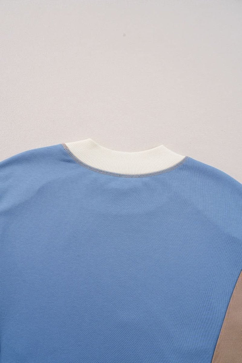 Sky Blue Ribbed Detail Color Block Sleeve Baggy Sweatshirt - Love Salve