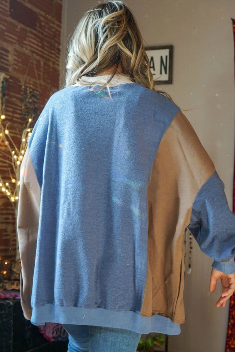 Sky Blue Ribbed Detail Color Block Sleeve Baggy Sweatshirt - Love Salve